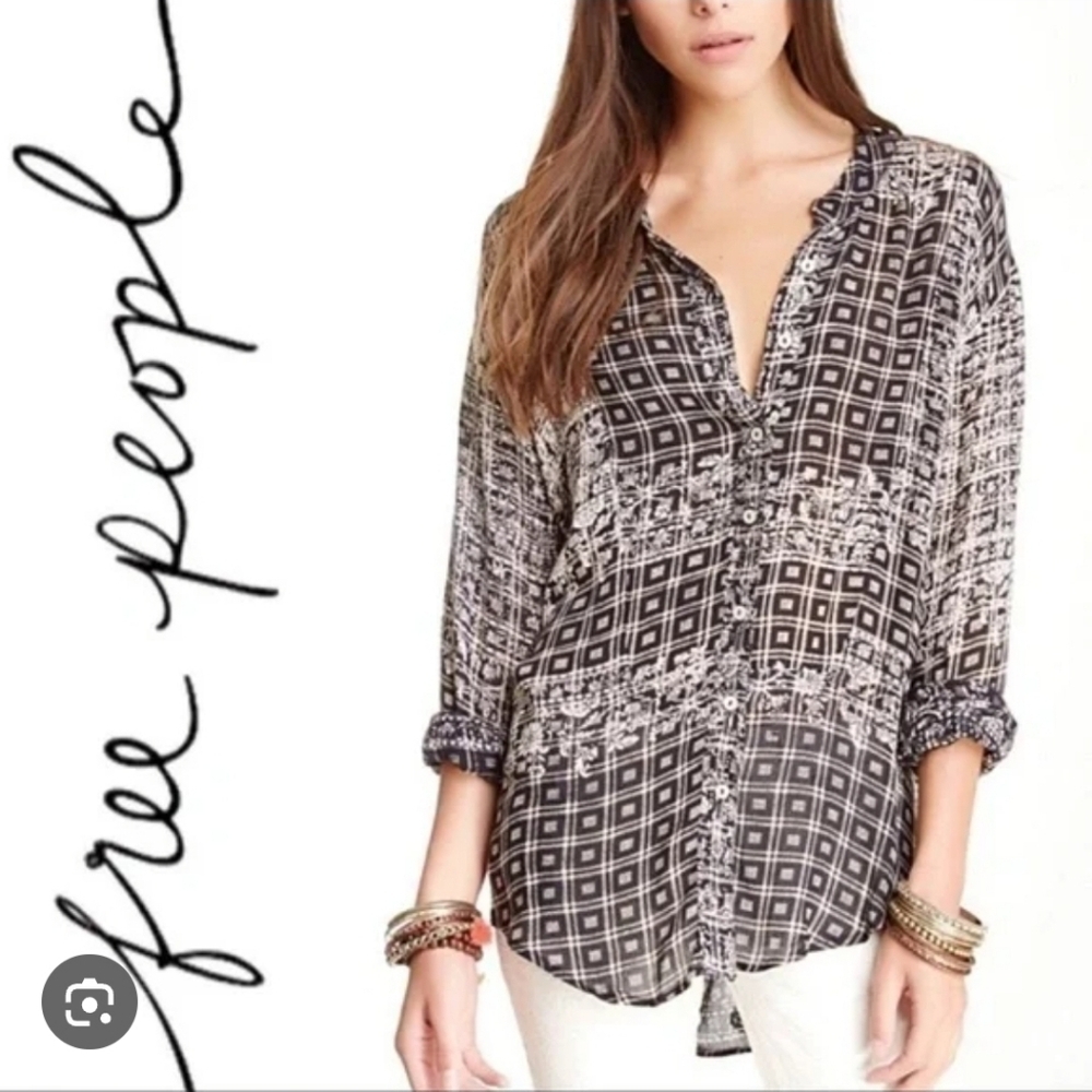 ❤️ FREE PEOPLE CARAVAN BUTTON DOWN TOP / SHIRT, BLACK TAN, SMALL